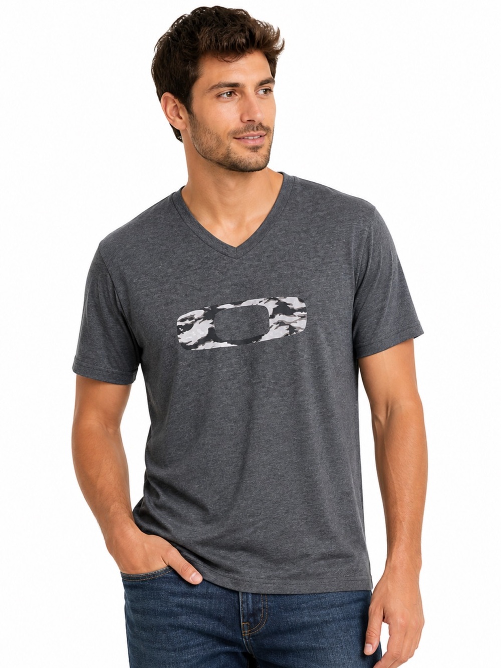 Oakley Charcoal Gray Graphic V-Neck Tee Shirt — Size S